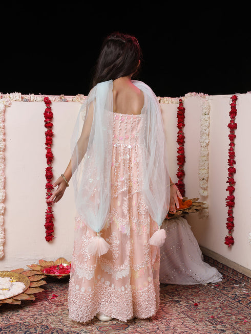 Girl's' Peach Embroidered Sequins Net Long Anarkali Dress With Dupatta